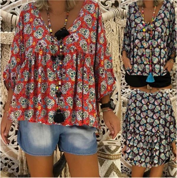 

women's blouses & shirts vintage blouse women v-neck skull print floral patchwork folk shirt chemisier femme woman 2021 blusas ladies, White