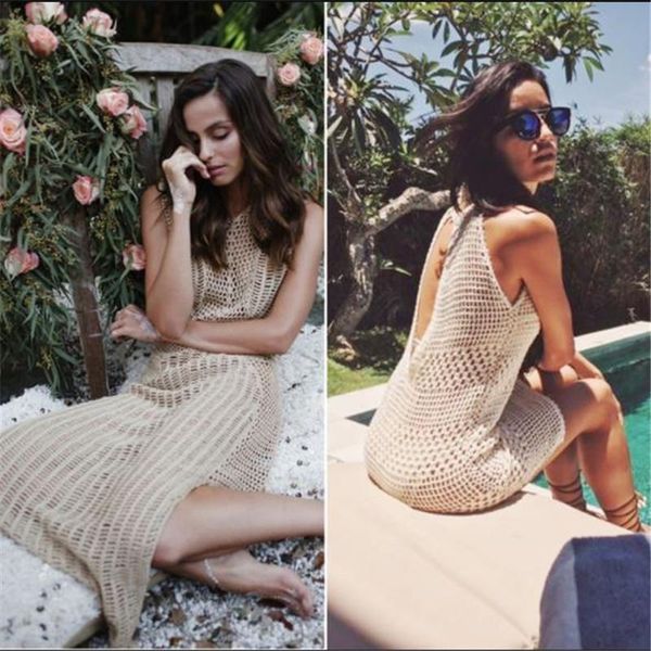 

women's swimwear 2021 women bikini cover-up dress sleeveless knitted long dresses hollow out beach beachwear cover up, White;black