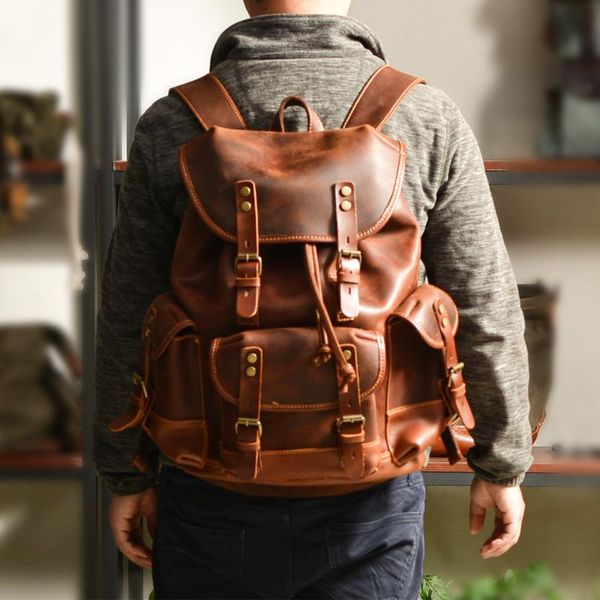 

backpack luxury crazy horse leather cowhide retro lapschool bag
