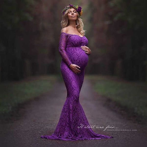 Vestidos de maternidade de renda fotografia adereços sexy fora do ombro manga comprida maxi vestido de gravidez foto foto gravidez mulher roupas q0713