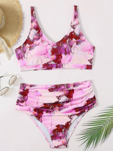 

plus marble print ruched high waisted bikini swimsuit x4me#, Black