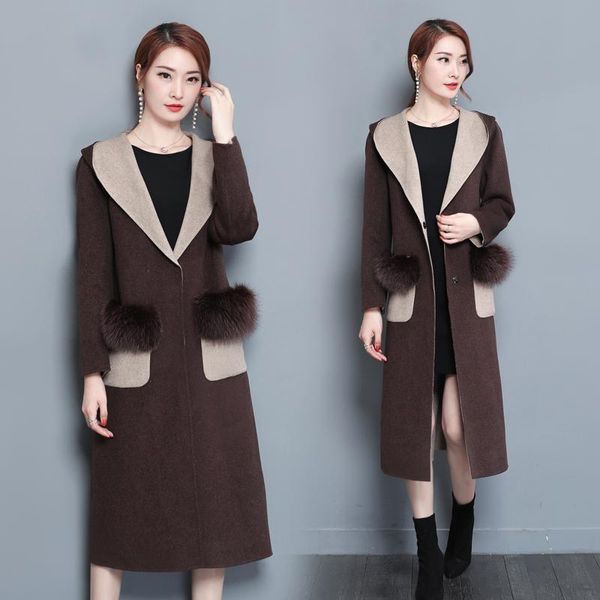

women's wool & blends lady outfit women casual long coat woolen high-grade cashmere coats hood warm clothes korean fashion plus size s-, Black