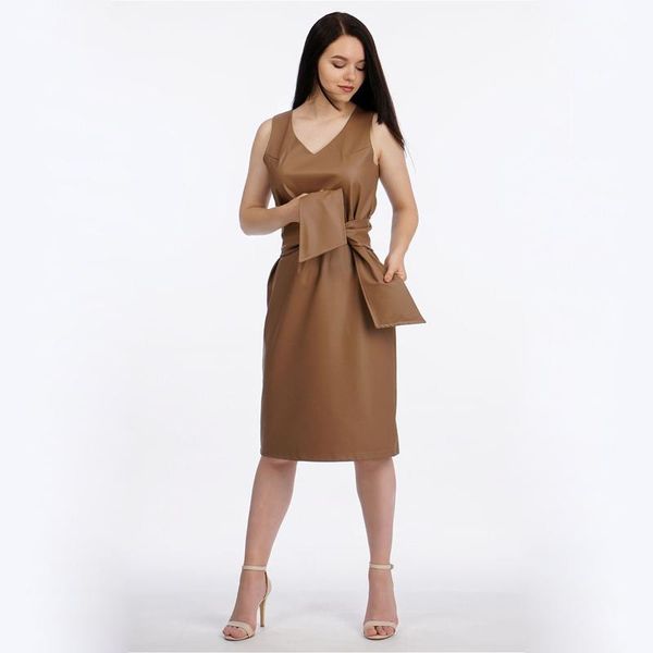 

casual deep v-neck sleeveless pu leather dresses woman solid concise style belt knee-length straight 2021, Black;gray