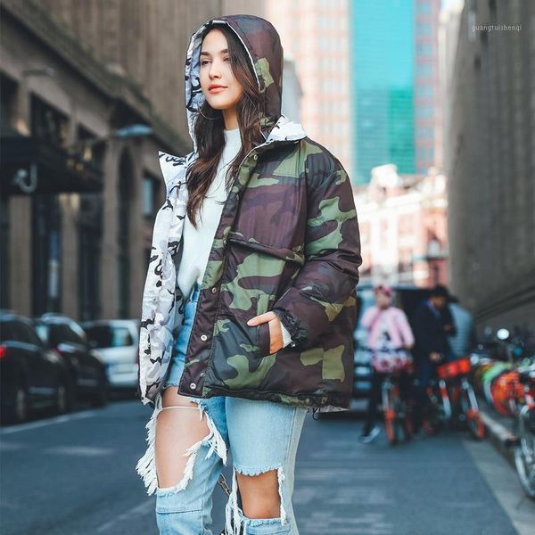 

fashion warm double sides wear cotton outwear autumn winter padded jacket women clothing camouflage coat female women's down & parkas, Black