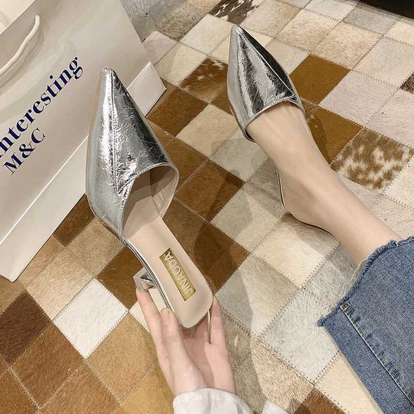 

2021 pu leather women's pointed slippers silver mid heel shoes exquisite versatile summer slippers beautiful sandals, Black