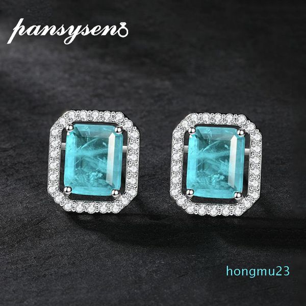 

pansysen charms 8x10mm paraiba tourmaline gemstone stud earrings for women solid 925 sterling silver wholesale ear fine jewelry, Golden;silver