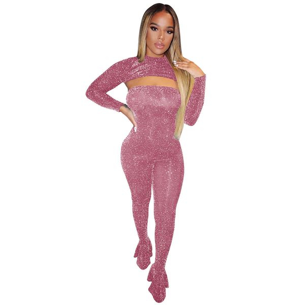 

strapless bodycon jumpsuit women fashion o neck long sleeve crop +flared jumpsuit 2 piece set female party club outfits 210414, White