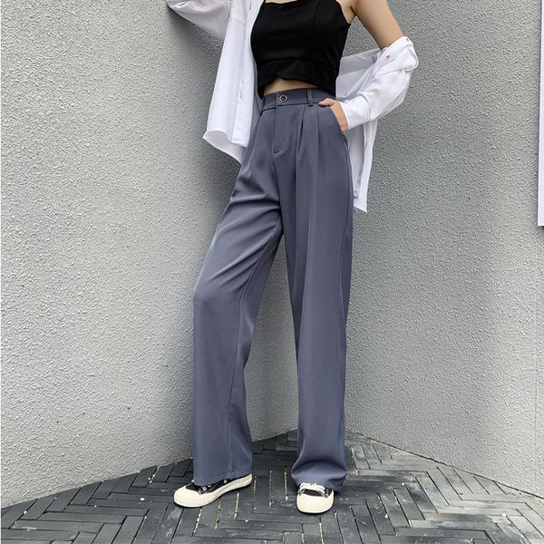 

solid women slender loose high waist fashion plus students chic casual vintage straight full length pants 210421, Black;white