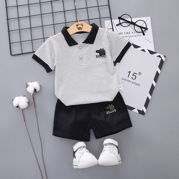 

2020 summer childrens clothing boys new suits boys polo t-shirt+shorts kids two-piece set child casual baby crocodile print sets 731 s2, White