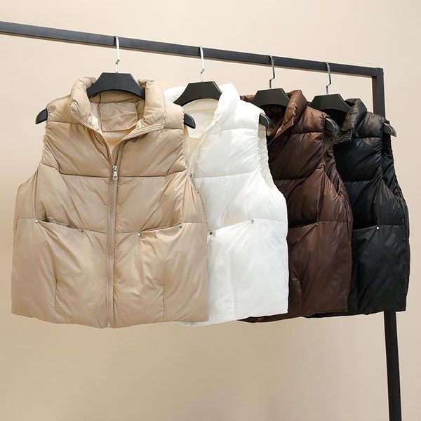 

women's vests 2021 sleeveless jacket women vest solid short cotton padded autumn winter jackets stand collar ladies korean waistcoat, Black;white