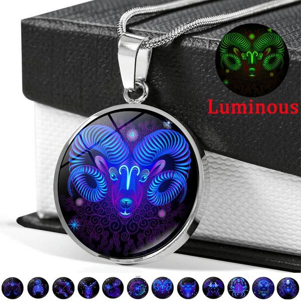 

pendant necklaces glow in the dark 12 constellations crystal cabochon glass necklace stainless steel chain women gifts, Silver