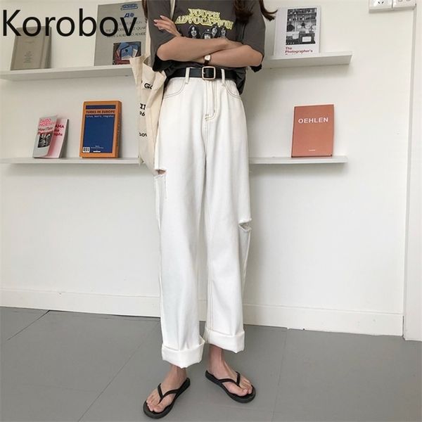 

korobov vintage high waist streetwear women trousers korean hole harajuku wide leg pants female denim joggers 210430, Black;white