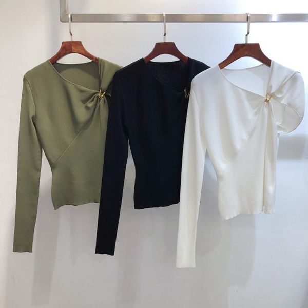 

ladies fashion 2021 long sleeve casual knitted 1229 women's t-shirt, White