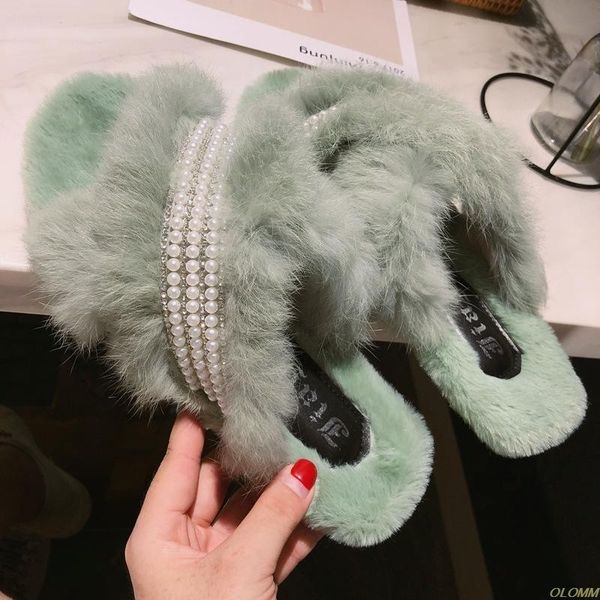 

fluffy rhinestone fur winter woman cotton slippers slip on warm shoes non-slip flats female spring autumn house, Black