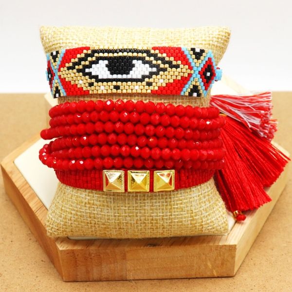 

zhongvi turkish evil eye bracelet for women miyuki jewelry red beaded loom bracelets rivet pulsera mujer handmade tassel gifts, Golden;silver