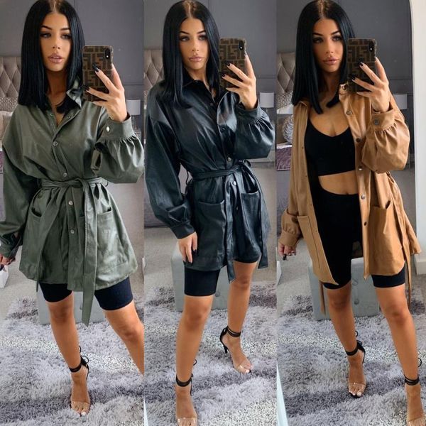 

women's leather & faux 2021 pu jackets for women fashion tie belt waist coats elegant side pockets fur long female drop, Black