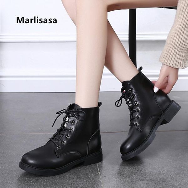 

boots women fashion round toe lace up spring shoes ladies casual pu leather sweet cool stylish autumn h5733, Black