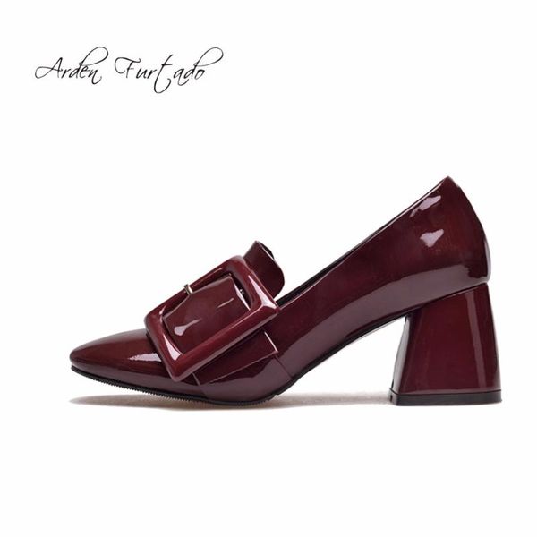 

arden furtado 2021 style genuine leather high heels pumps elegant buckle square toe burgundy slip on office lady shoes woman dress, Black