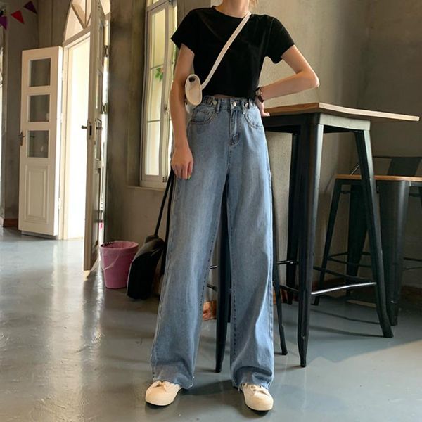 

women's jeans elnage korean fashion 2021 mopping trousers loose casual high waist wide leg pants slim fit solid long 5a047, Blue