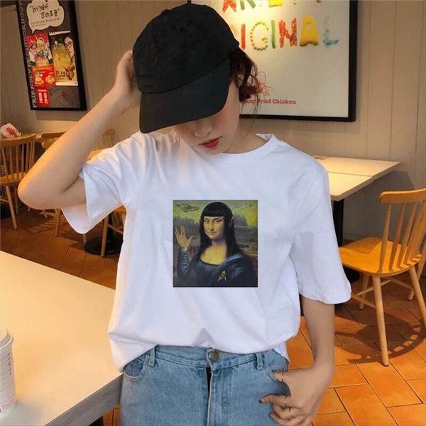 

90s fashion mona lisa aesthetic womens tees harajuku grunge funny cartoon ullzang vintage, White