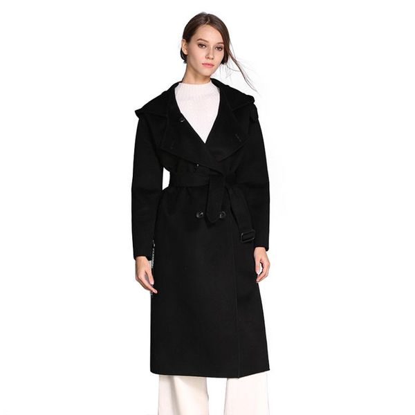 

women's wool & blends women full sleeve thick warm cashmere coats winter long double-sided woolen lapel jackets streetwear trench s8710, Black