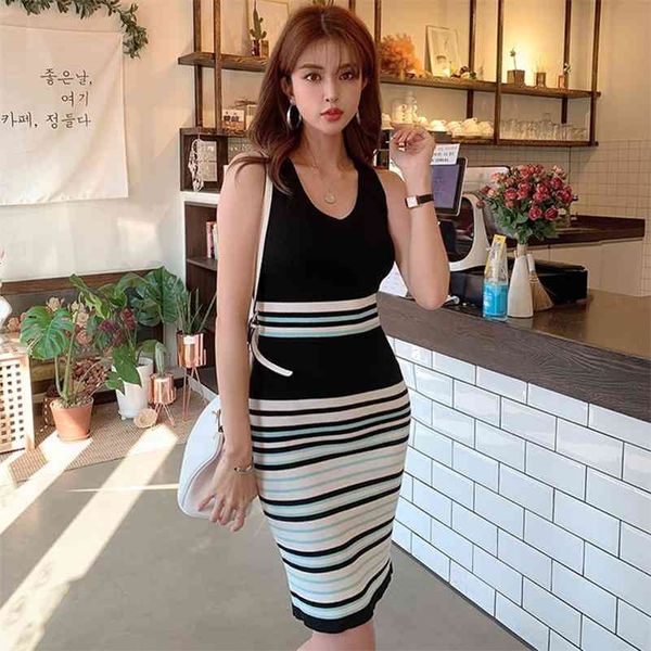 

korean women's summer style slim v-neck long striped sling split-knit dress office lady 210416, Black;gray