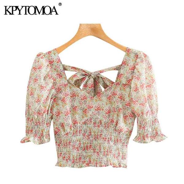 

women sweet fashion printed ruffled cropped blouses backless bow tie elastic hem female shirts chic 210420, Black;white