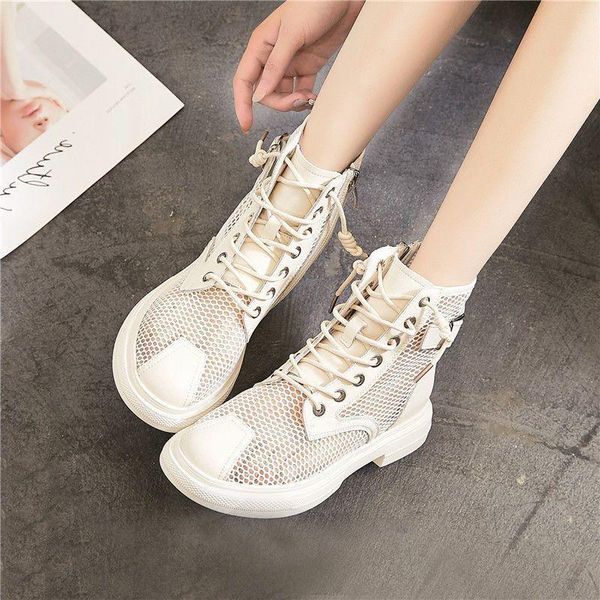 

fashion pu leather bootes woman summer breathable hollow out mesh british style boots flat sandals, Black