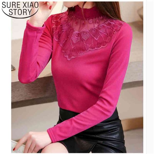

plus size autumn fashion women lace blouses casual embroidery ladies shirt long sleeve turtleneck 6346 50 210506, White