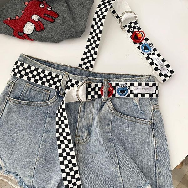 

belts black and white plaid canvas female belt waist strap cartoon fun harajuku cummerbund wild luxury women's waistband, Black;brown