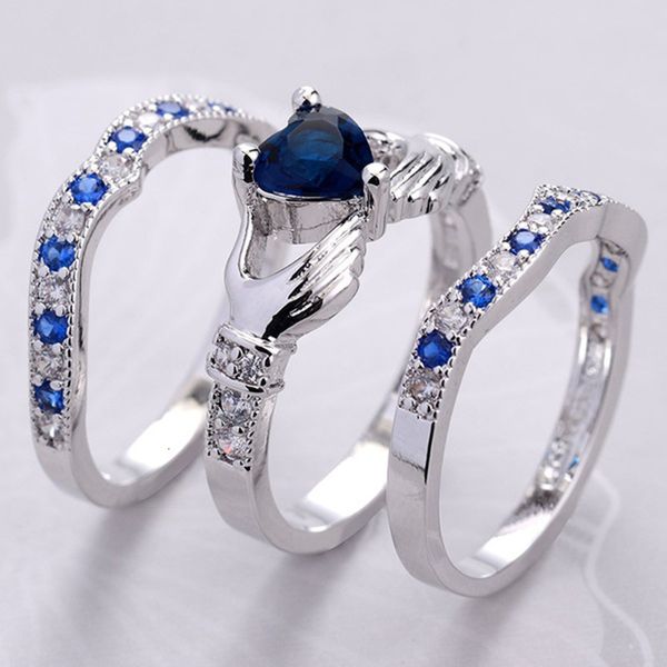 

hand decorated zircon ring creative heart jewelry three piece set, Slivery;golden