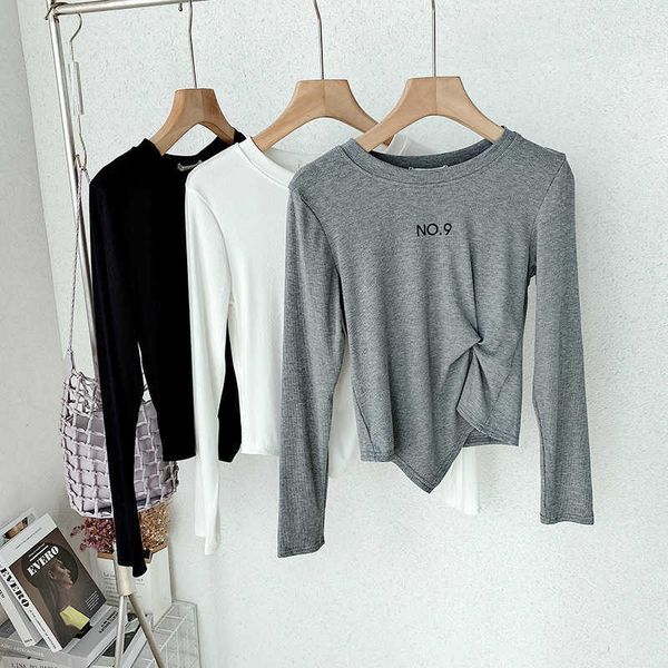 

autumn [omalai] early women's versatile round neck, irregular hem, long sleeve bottom and t-shirt 6268, White