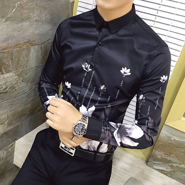

men's polos autumn fashion flower black printed long sleeve shirts camisa social male slim casual camisas masculina gy7t, White;black