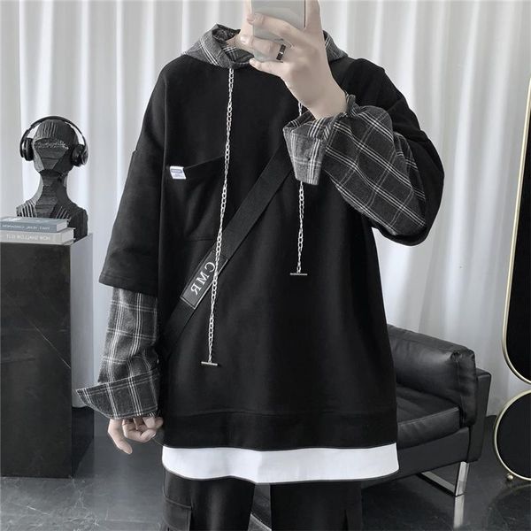 

men's hoodies & sweatshirts hip hop fake two-piece oversized plaid hoodie 2021 korean clothes kpop fashion sweatshirt man ulzzang stree, Black