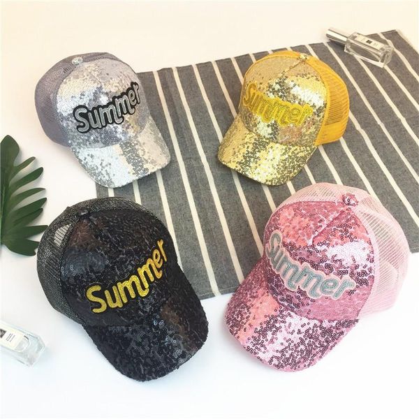 

hair accessories 2021 child sun mesh hip snapback summer hat cap sequin baseball hop, Slivery;white