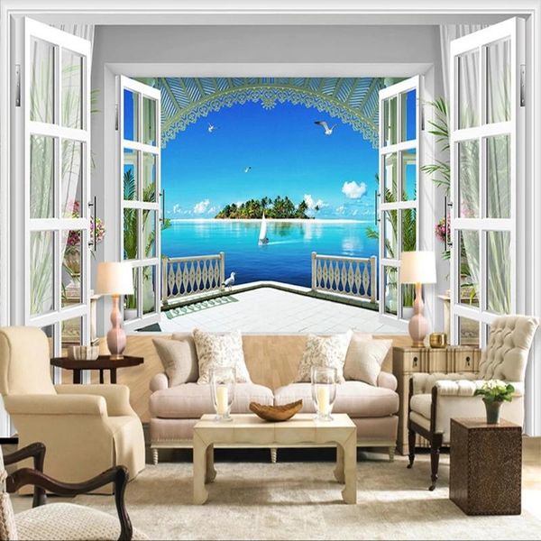 

wallpapers custom self adhesive wallpaper 3d stereo window seagull island seaside landscape murals living room tv sofa backdrop waterproof