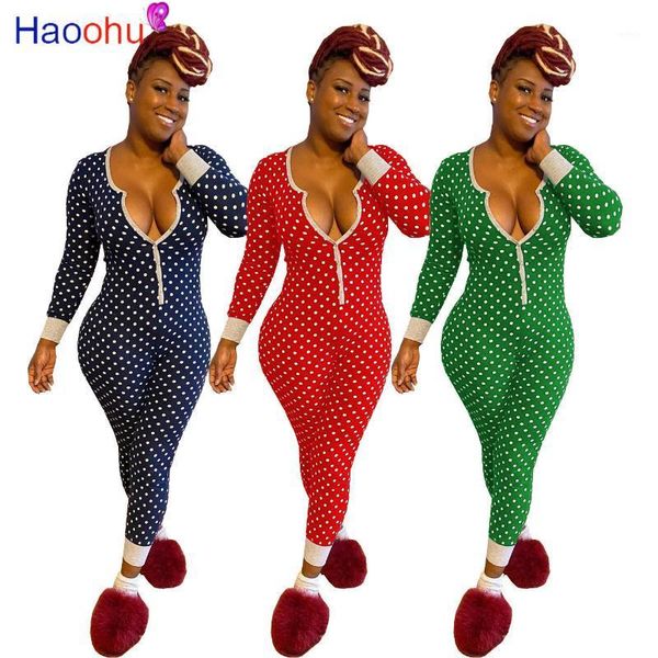 Mulheres Sexy Pijama Stretchy Manga Comprida V-Neck Ponto Impressão Bodycon Homewear Senhora Senhora Jumpsuit Romper Mulheres Jumpsuits Macacões