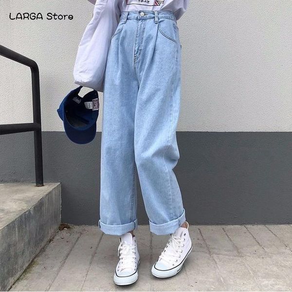 

jeans women solid vintage high waist wide leg denim trousers simple students all-match loose fashion harajuku womens chic casual women', Blue