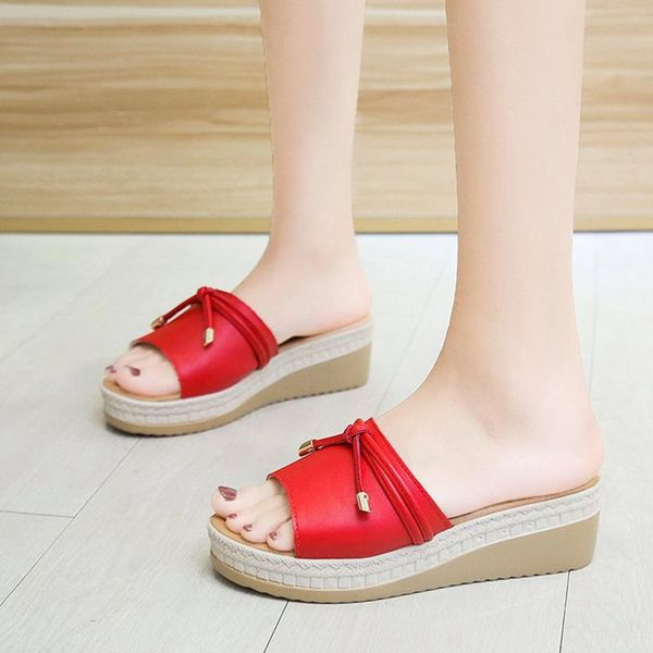 

slippers platform shoes wedges brief bow-tied summer creepers muffin woman casual solid non-slip slides comfy comcise flip flops, Black