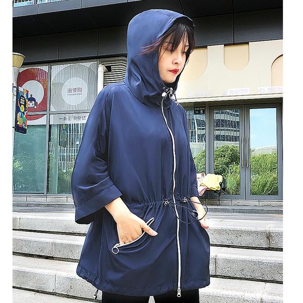 

spring autumn fashion women hooded coat lady jacket drawstring casual loose three-quarter sleeves sunscreen clothing m-3xl women's jack, Black;brown