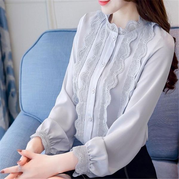 

women's blouses & shirts long sleeved chiffon blouse for spring wear 2021 style fashion and lace chic blusas ladies office shirt, White