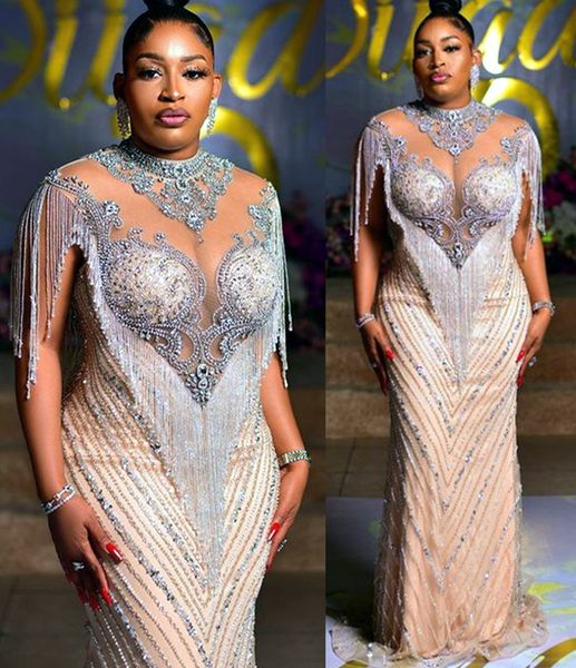 

2021 plus size arabic aso ebi luxurious beaded crystals prom dresses sheer neck mermaid evening formal party second reception gown243a, Black