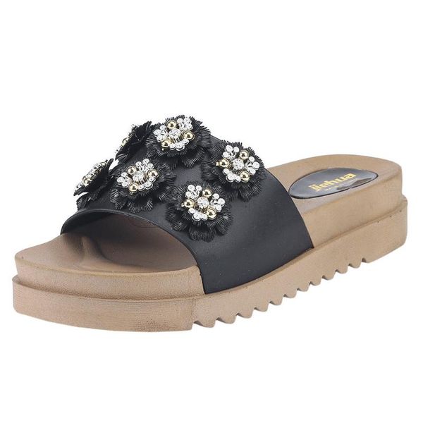 

women's flower thick-soled open-toe slippers casual solid color wild slip-on med heel beach outdoor round toe shoes, Black