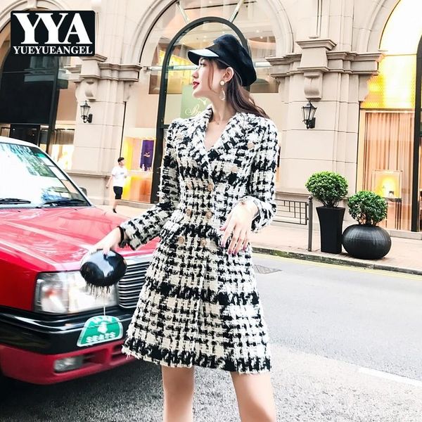 

women's wool & blends fashion black white plaid long coats women 2winter tweed slim lapel double breasted lady elegant trench outerwear
