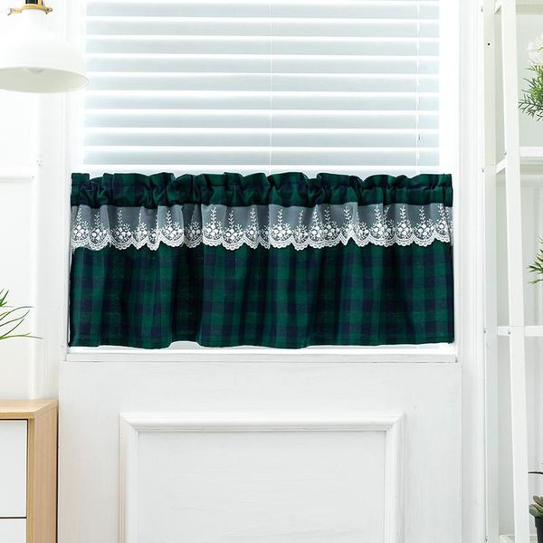 

nordic style green plaid short curtain breathable bedroom easy install wear rod window lace decor christmas kitchen curtains & drapes