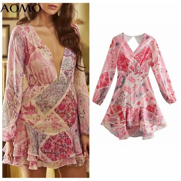 

casual dresses aomo 2021 fashion women flowers print backless dress long sleeve ladies mini 4n84a, Black;gray