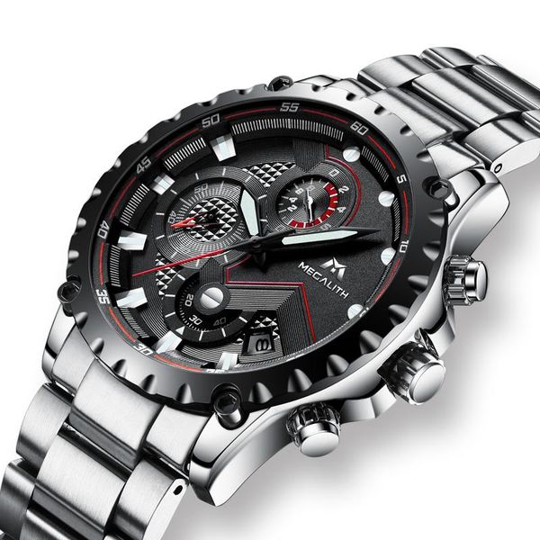 

wristwatches megalith sports watch men stainless steel quartz watches waterproof chronograph wrist relogio masculino, Slivery;brown