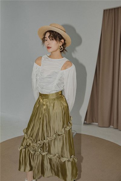 

skirts gold glitter womens high waist a line long midi ladies ruched korean reflective skirt fashion clothing f61c, Black
