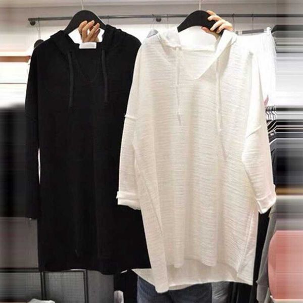 

spring solid hooded full sweatshirt women loose slubby cotton pullover 210615, Black