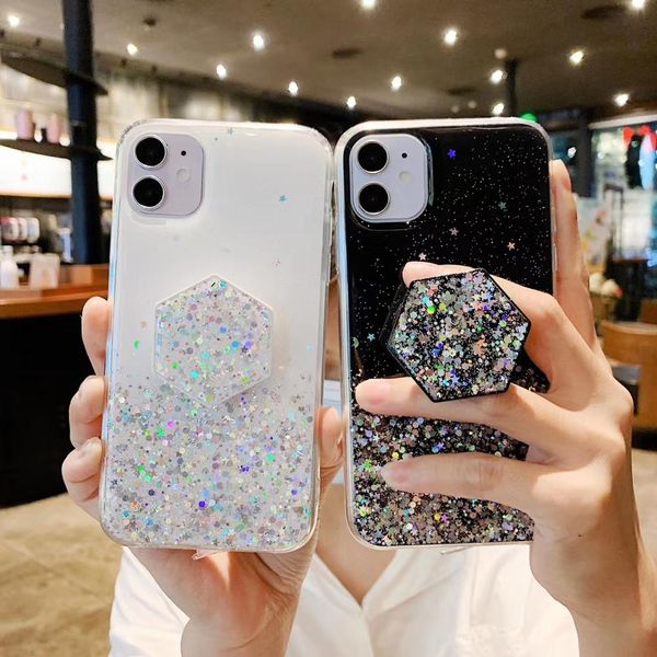

glitter bling case for iphone 11 pro max xs max xr x transparent silicone case for iphone 8 7 6s plus cover stand holder cover gift